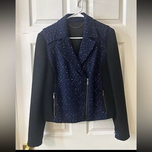 Elie Tahari Jacket Women’s Size 12 Black And Blue Wool Blend Zipper Pockets